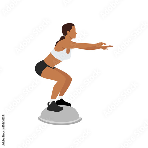 Woman doing Bosu ball static balance exercise. Flat vector illustration isolated on white background