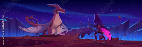 Fairytale dragon and knight with magic spear on mountain with hanging rope bridge over abyss. Vector cartoon fantasy illustration of medieval warrior or wizard fights creepy beast with wings at night