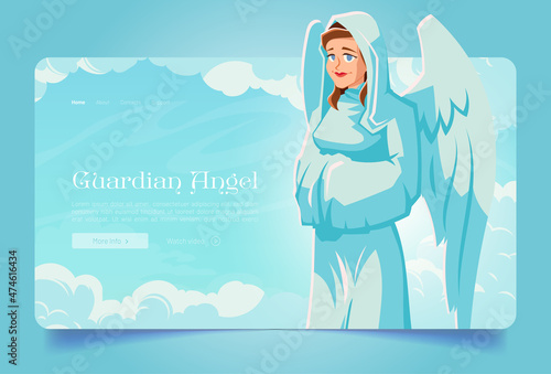 Guardian angel banner with saint archangel with wings in heaven. Vector landing page of holy protection with cartoon illustration of woman angel character on background of sky with clouds