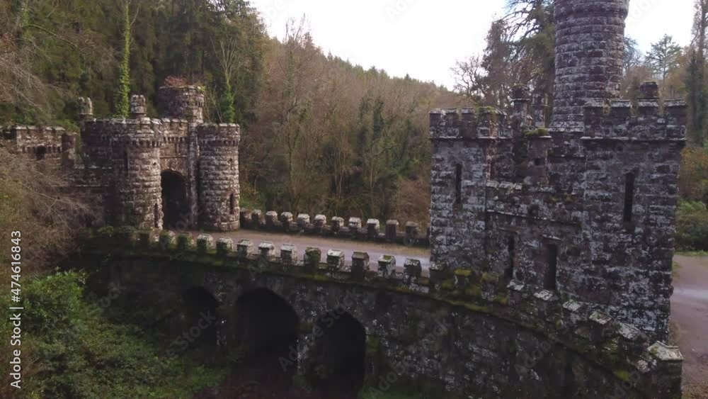 Aerial full shot (side face) took by drone, flying over Ballysaggartmore Towers in Lismore in County Waterford, Ireland Aerial full shot (side face) took by drone, flying over Ballysaggartmore Towers in Lismore in County Waterford, Ireland