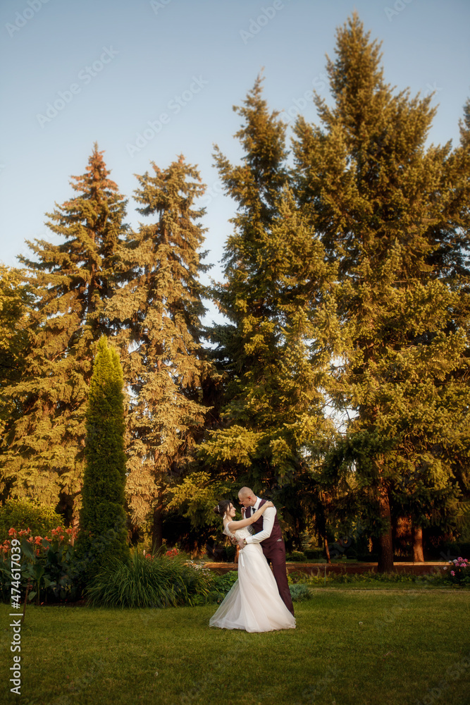 Newlyweds walk along the trees alley in the park. Wedding day in autumn. Wedding walk of the bride and groom at sunset. Portrait of a happy wedding couple on their wedding day. Newlyweds walk along the trees alley in the park. Wedding day in autumn. Wedding walk of the bride and groom at sunset. Portrait of a happy wedding couple on their wedding day.