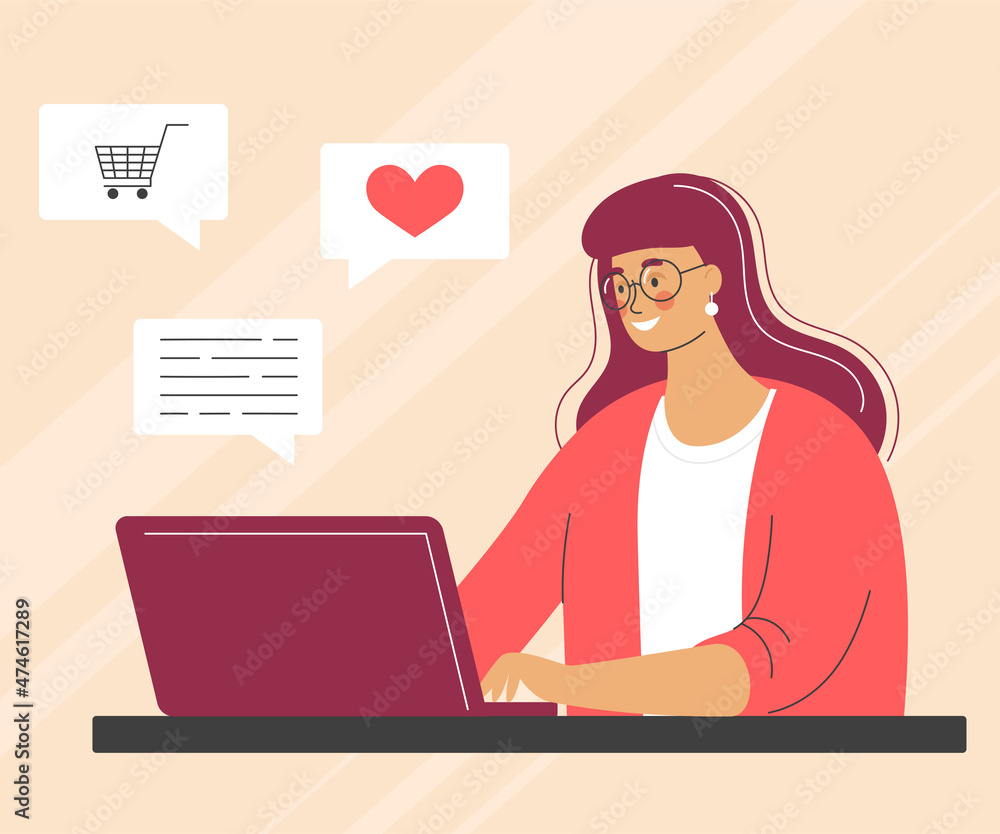 Happy young woman with laptop. Online communication, shopping. Vector illustration with character Happy young woman with laptop. Online communication, shopping. Vector illustration with character