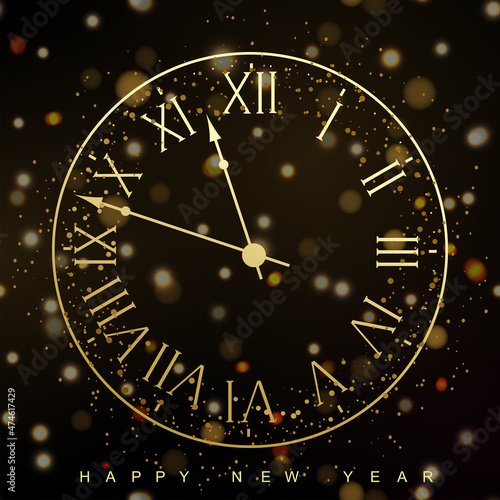 Merry Christmas and New Year gold watch with with bright lights and golden sparkles. Vector.