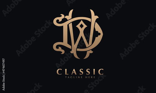 Alphabet DW or WD illustration monogram vector logo template in classic royal color and black background