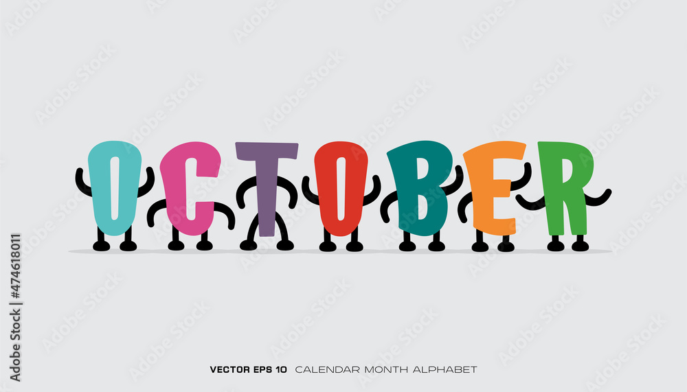 An alphabet that says October with colorful designs and characters. An alphabet that says October with colorful designs and characters.
