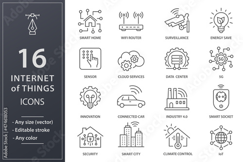 Internet of things icons, such as smart city, sensor, cctv, IoT and more. Editable stroke.