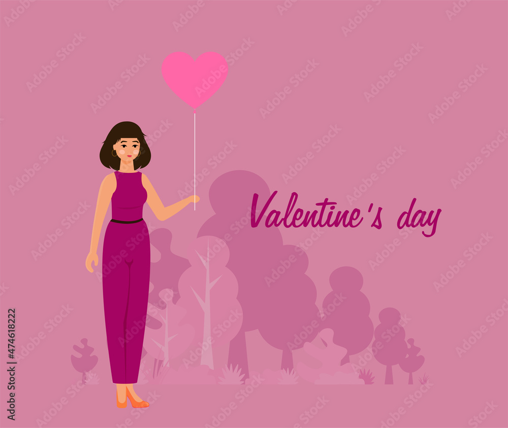 Happy Valentines Day greeting card with young girl with heart shape emotion on pink background. Happy Valentines Day greeting card with young girl with heart shape emotion on pink background.