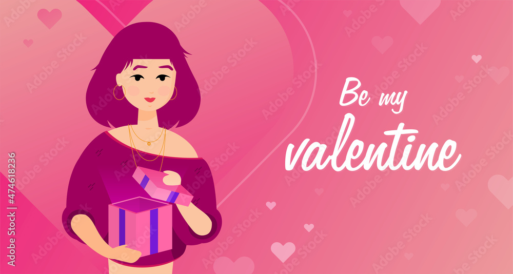 Happy Valentines Day greeting card with young girl with heart shape emotion on pink background. Happy Valentines Day greeting card with young girl with heart shape emotion on pink background.