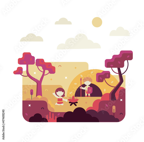 Primitive people kindle a fire near their home, vector cartoon illustration in flat stile