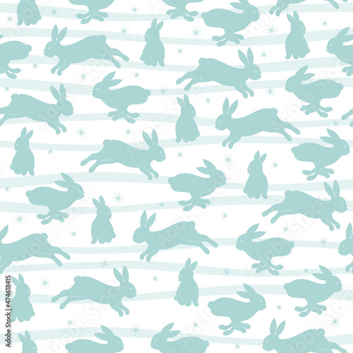 Seamless winter pattern with hares, snowflakes and strip.