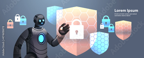 modern robot cyborg with protection shield cyber security data protection artificial intelligence technology concept