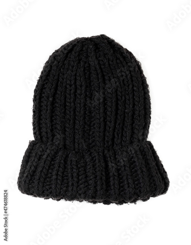 Black knitted wool hat on a white background. isolated