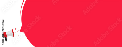 News announcement important loud message banner or attention excited and warning caution notice from megaphone bullhorn shout speech flat cartoon illustration, advertising and promotion concept