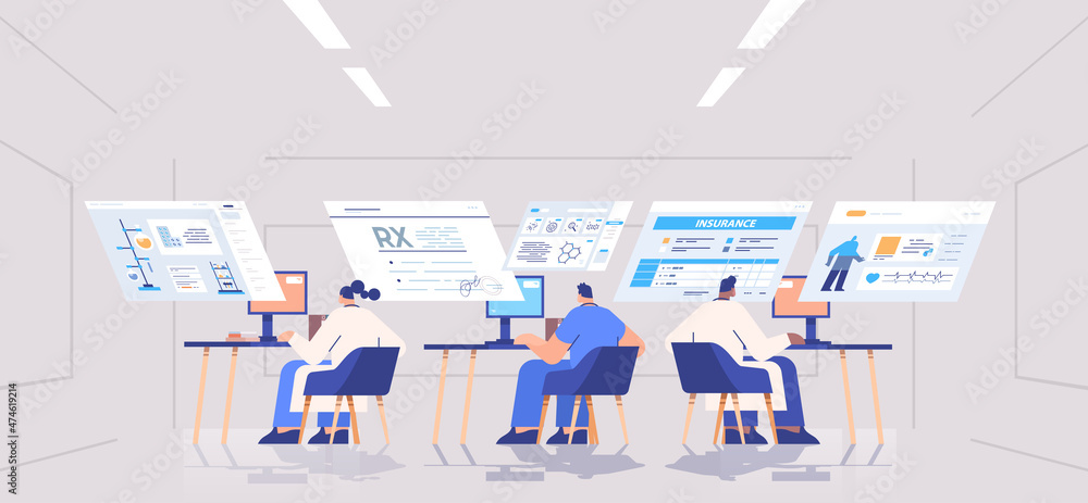scientists team analyzing medical data on virtual boards medicine healthcare concept hospital office interior scientists team analyzing medical data on virtual boards medicine healthcare concept hospital office interior