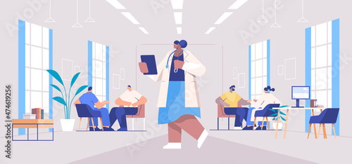 doctors in uniform examining mix race patients medical consultation healthcare concept full length horizontal