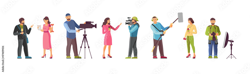 Cameraman, journalist and reporter set. TV news crew interviewing, television programs recording Cameraman, journalist and reporter set. TV news crew interviewing, television programs recording