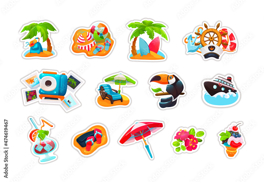 Funny summer vacation tropical stickers set. Cute icons palm tree, suitcase, toucan, swimsuit Funny summer vacation tropical stickers set. Cute icons palm tree, suitcase, toucan, swimsuit