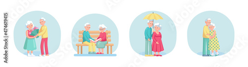 Elderly couple love relationship set. Happy senior pair man and woman at romantic date together
