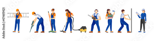 Construction and home repair people set. Man and woman in overalls making building renovation