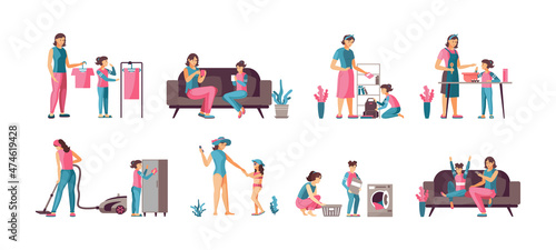 Mother and kid daughter spending time together set. Mom and female child choosing clothes, talking