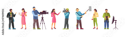 Cameraman, journalist and reporter set. TV news crew interviewing, television programs recording