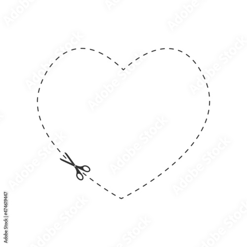 Scissors cutting dotted heart shape. Valentine day cut here pictogram for paper discount coupons, vouchers, promo codes. Outline graphic vector illustration.