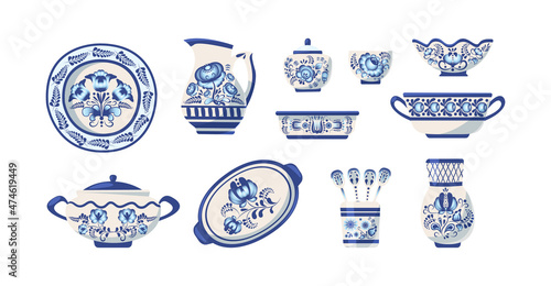 Vintage painting crockery set. Blue porcelain plates, bowls and jar decorated by floral pattern