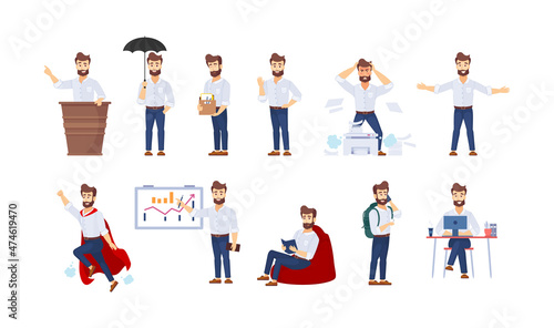 Modern business man set. Bearded guy employee working at office, public speaking tribune, fired
