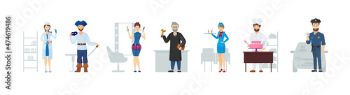 People of different profession in uniform set. Man and woman at work doctor, actor