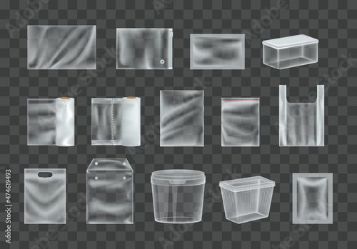 Set of realistic transparent plastic packaging film, packaging for food.