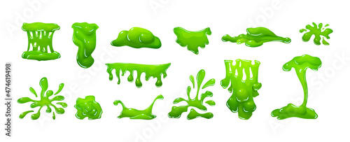 Realistic green slime in shape of dripping blob splashes smudges