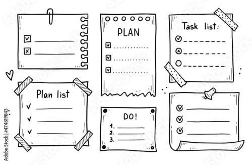 Doodle checklist set. To do, task list with check mark vector illustration. Hand drawn sketch style memo page.