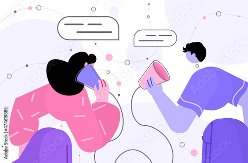 businesspeople speaking by deaf phone or can telephone business people using tin jars connected with rope