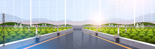 agricultural drones sprayers quad copters flying to spray chemical fertilizers in greenhouse smart farming innovation