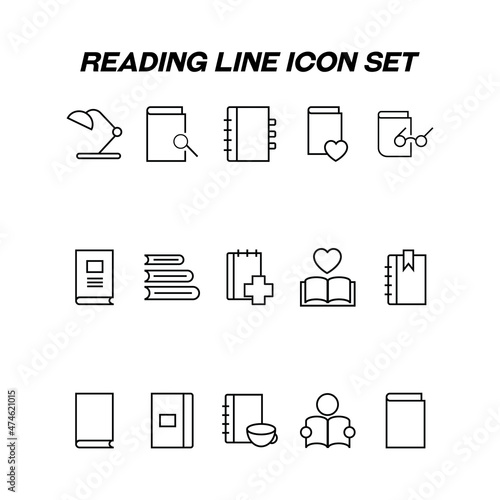 Reading and education concept. Modern outline symbols suitable for web sites, advertisement, apps, internet pages. Line icon set including icons of lamp, books, diaries etc