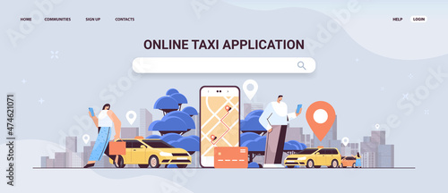 Fotografia people ordering automobile with location mark in mobile app online taxi app tran