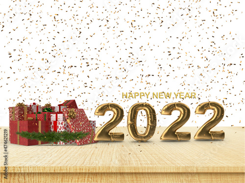 Gift with golden balloons 2022 on a white background and wooden floor. 3d render illustration with confetti. Gift boxes red golden and green ribbons. Celebration card Layout for banner, post and flyer