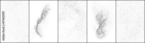 Set of distressed black texture. Dark grainy texture on white background. Dust overlay textured. Grain noise particles. Rusted white effect. Halftone vector illustration, Eps 10.