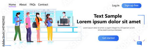 female pharmacist in mask giving pills to mix race customers patients at pharmacy counter modern drugstore interior