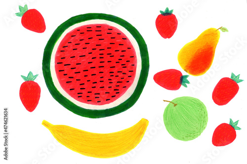 Fototapeta Naklejka Na Ścianę i Meble -  Set fruit and berries watermelon, banana, strawberry, pear, apple