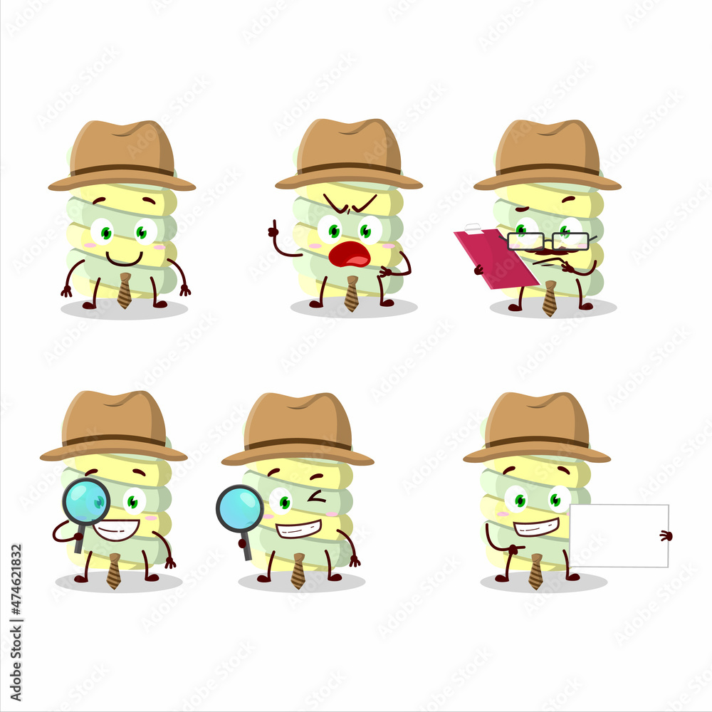 Detective yellow marshmallow twist cute cartoon character holding magnifying glass