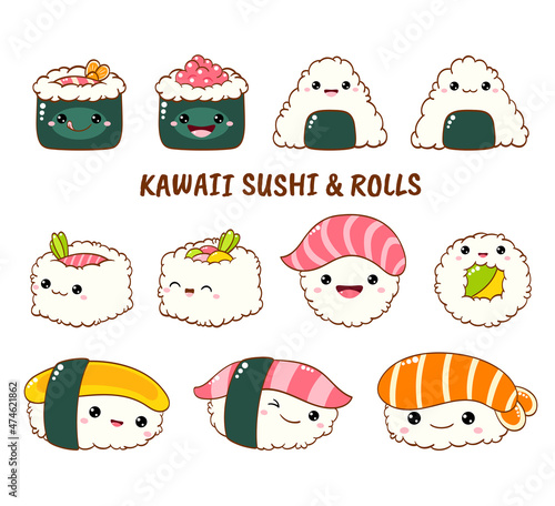 Set of cute sushi and rolls icons in kawaii style with smiling face and pink cheeks. Japanese traditional cuisine dishes. Temaki, chopsticks, nigiri, tamago, uramaki, futomaki. EPS8  