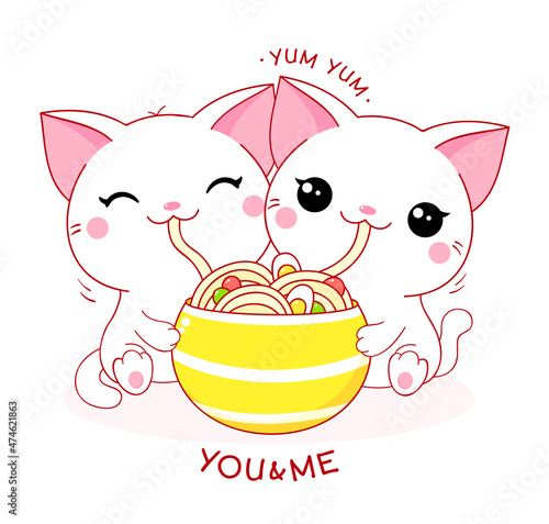 Two cute white cats eat ramen noodles. Inscription You and me. Kawaii little kitty are happy to eat noodles. Vector EPS8