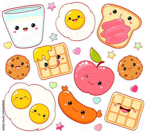 Breakfast time. Set of cute food icons in kawaii style for sweet design