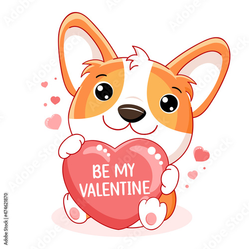 Cute Valentine card in kawaii style. Lovely little corgi puppy with red heart. Inscription Be my Valentine. Can be used for t-shirt print, stickers, greeting card design. Vector illustration EPS8
