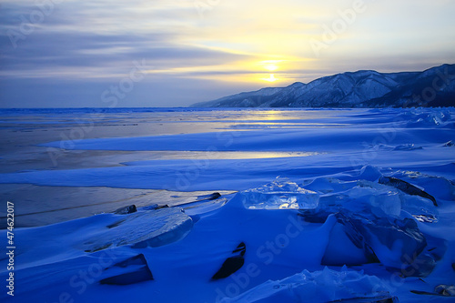 baikal ice landscape, winter season, transparent ice with cracks on the lake