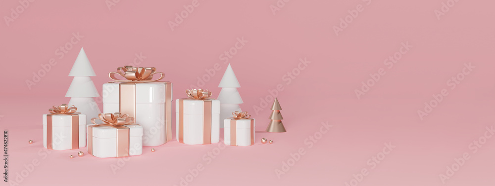 Fototapeta premium banner 3d rendering gift boxes on pink background for promotional product design with place for text 