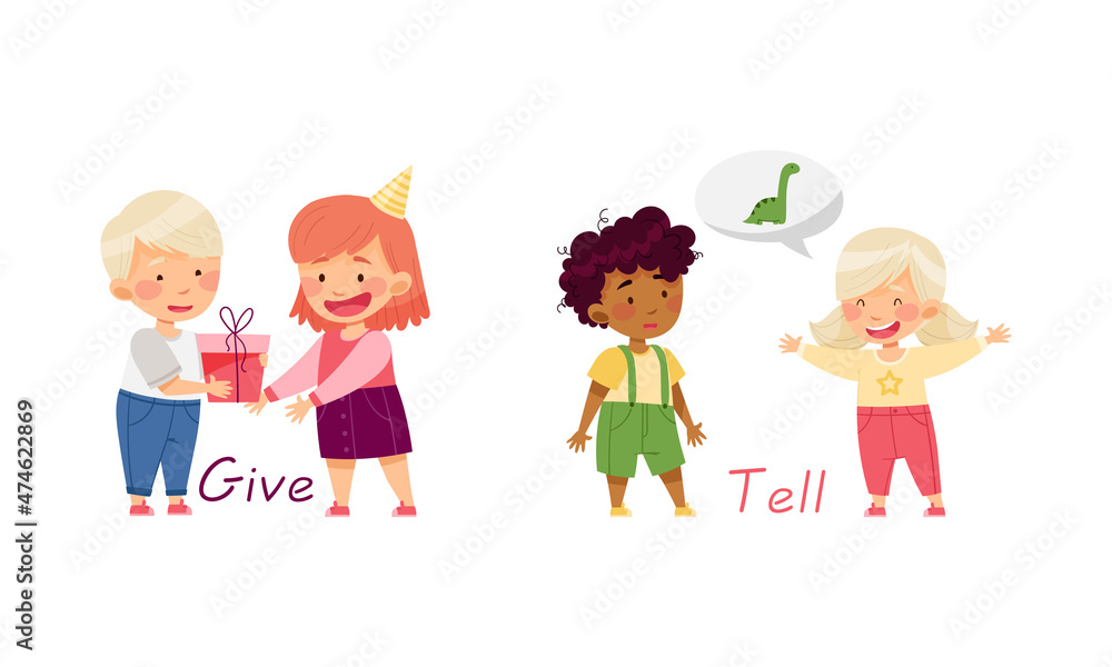 Give and Tell English action verbs for kids education set. Children doing daily routine activities vector illustration Give and Tell English action verbs for kids education set. Children doing daily routine activities vector illustration