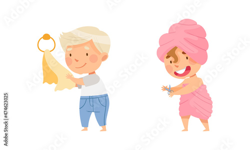 Children doing everyday hygiene activities in bathroom set. Cute boy wiping his hands with towel, the girl cutting her nails vector illustration