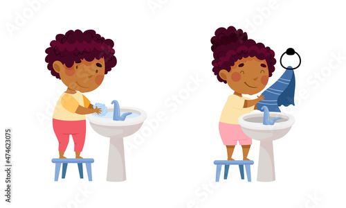 Children doing everyday hygiene activities in bathroom set. Cute little girls washing and drying their hands vector illustration